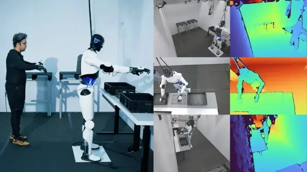 David Reger, founder of Neura Robotics, standing in front of white humanoid robots