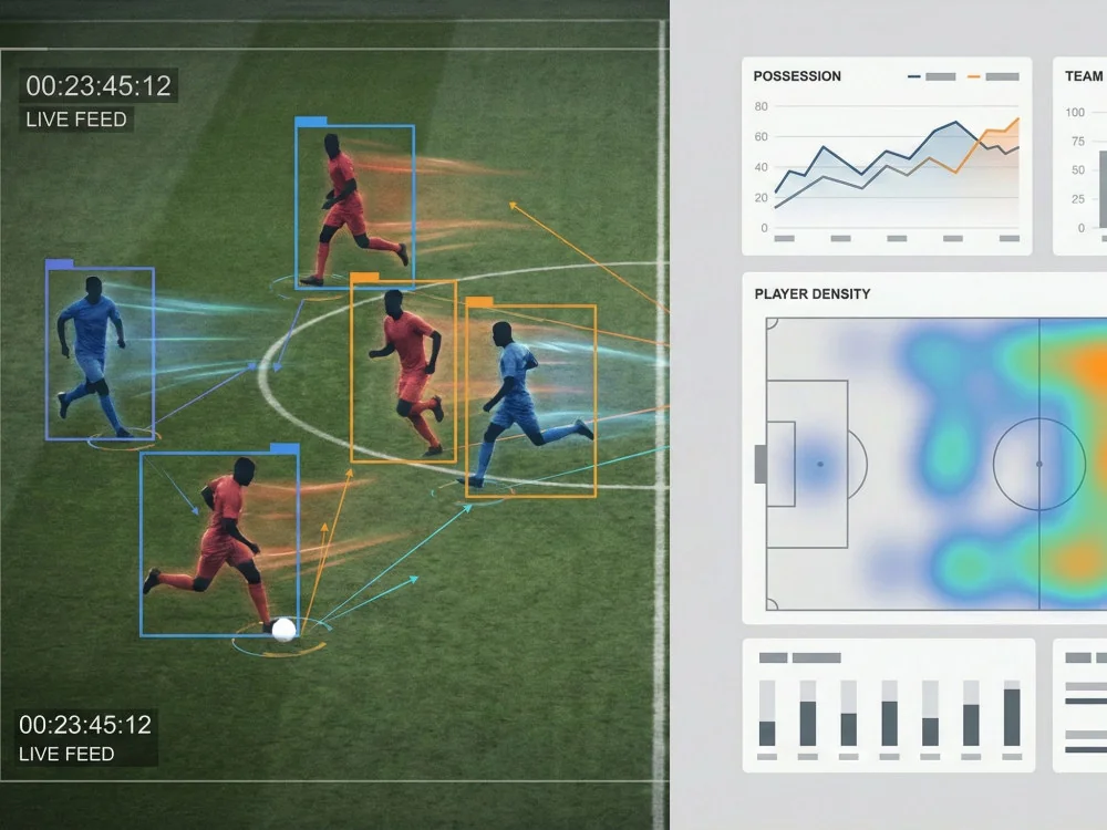 Football match tracking and player performance analytics displayed on a computer