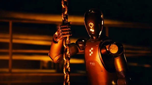 Silhouette of a black humanoid robot with arms outstretched jumping into a glowing molten steel furnace