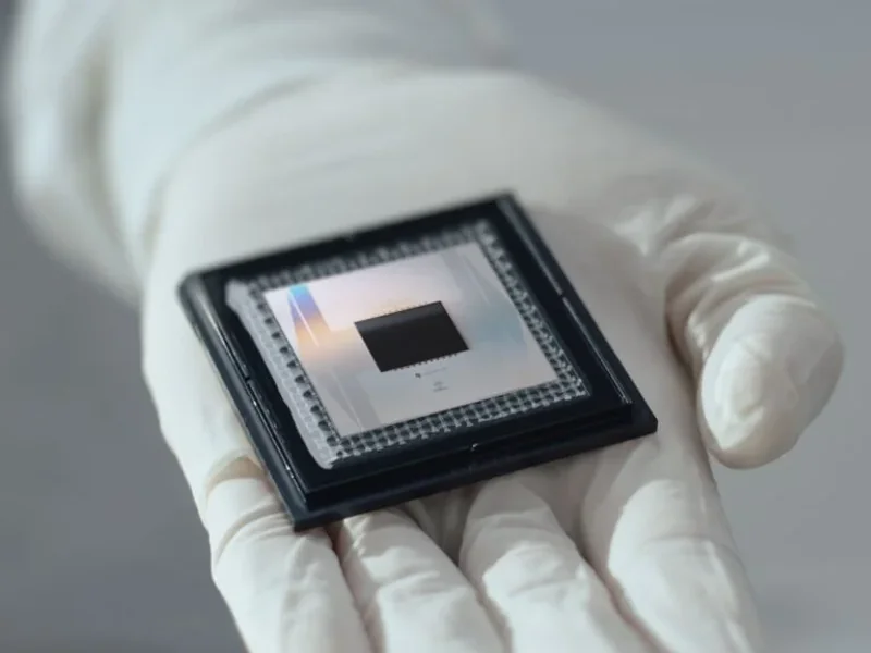 Close-up of Google Quantum AI Willow superconducting processor chip